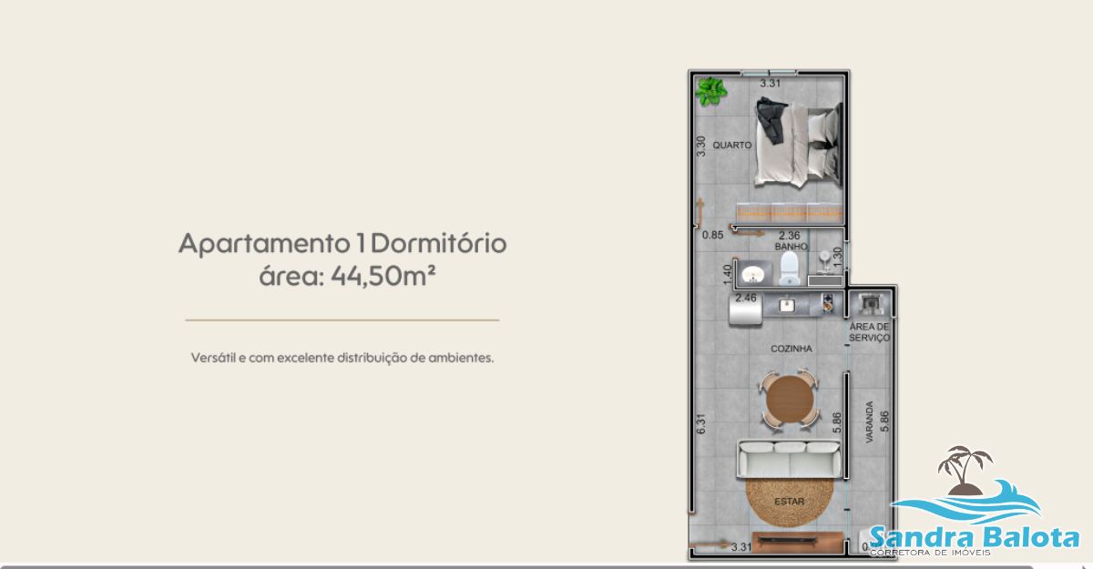 Estúdio com 42,50m²/Perequê Açú