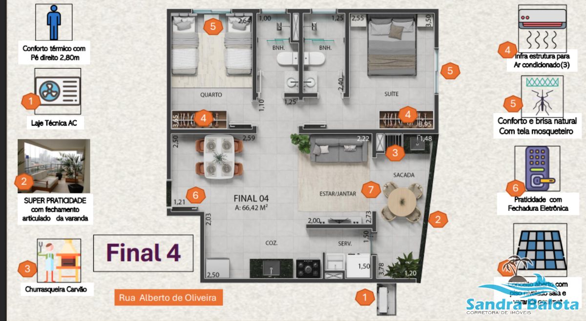 Unidades com 2 dormitórios sendo 1 suíte de 66,43m²